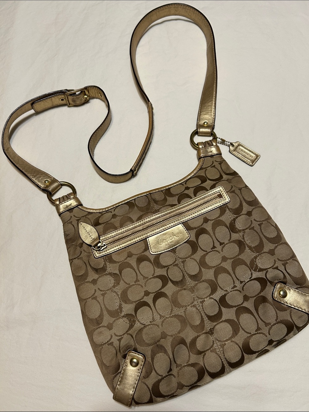 Coach Brown Signature Jacquard Crossbody with Gold Trim